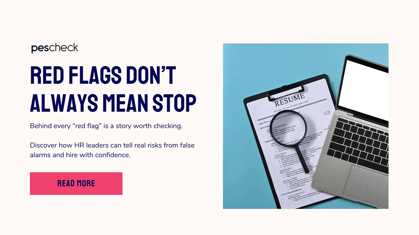 Magnifying glass scanning a digital CV with red and green highlights, symbolizing red flags and verified information in pre-employment screening.