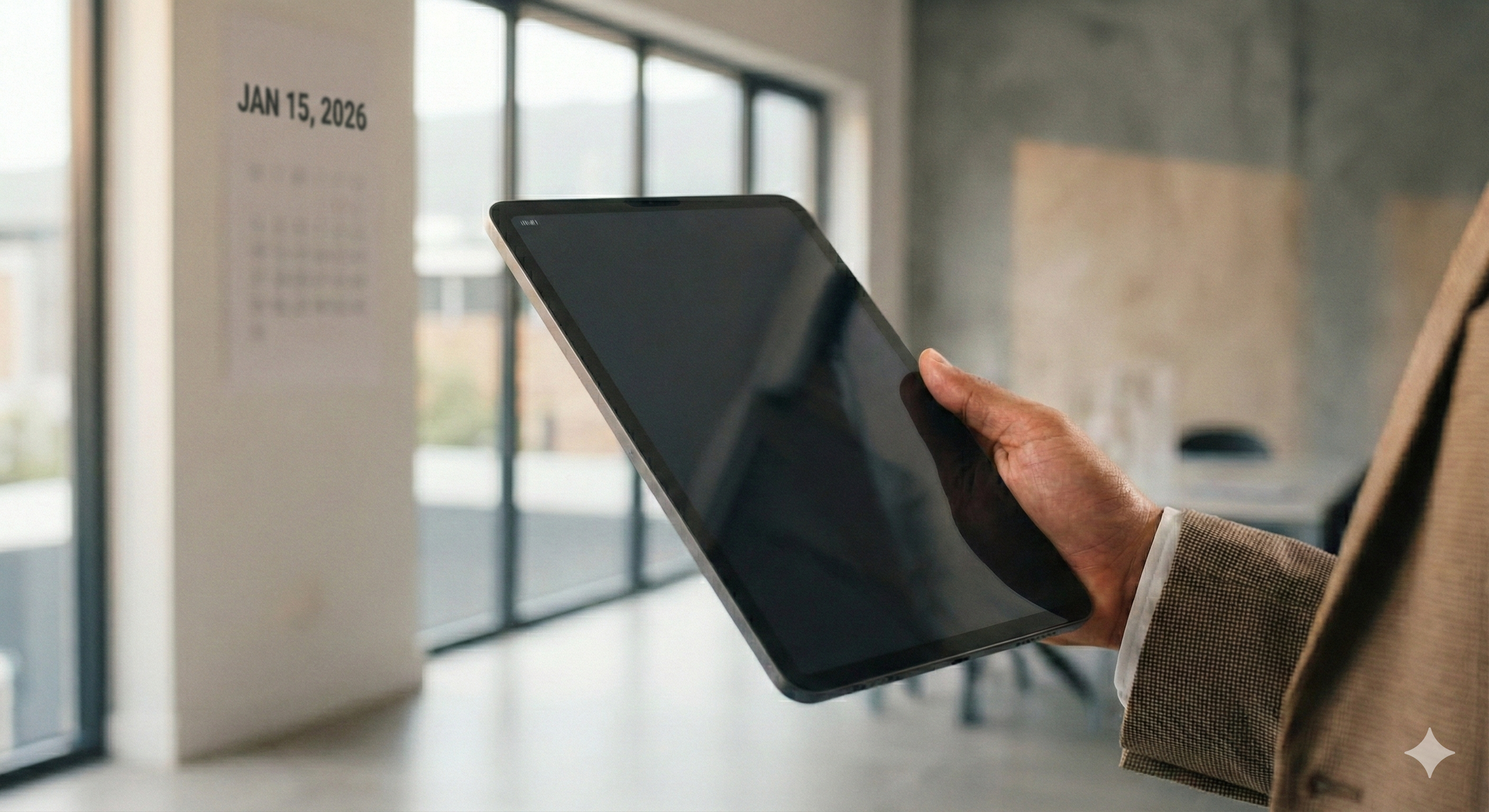 HR-Fachkraft prüft einen digitalen Hintergrundprüfungsbericht auf einem Tablet mit globaler Datenvisualisierung.